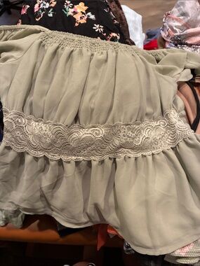 Off-Shoulder Smocked Waist Women's Top in Sage Green with lace accent